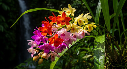 Obraz premium Vibrant and colorful tropical orchids blooming against a backdrop of a lush green forest and a serene waterfall, showcasing nature's exquisite palette