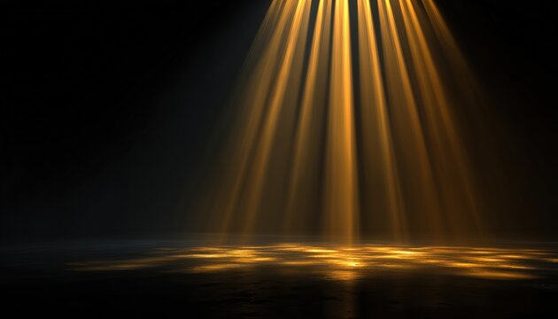Elegant And Dramatic Stage Lighting: Golden Rays Shining In Darkness, Stylish Glow And Bright Stripes - Abstract Black And Gold Glow With Light Streaks.