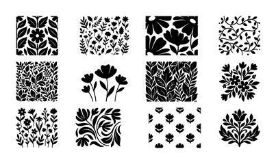 Minimalist black and white floral patterns, set of 12 botanical vector illustrations, hand-drawn organic flower silhouettes and leaf motifs for textile design © Rubel