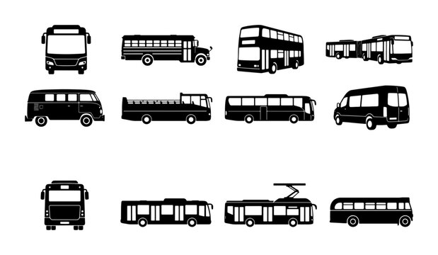 Public transport bus icons set, black silhouette vector collection of city buses, school bus, shuttle van and double decker coach for logistics