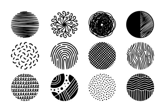Hand drawn textured circles set, 12 black ink round abstract shapes, organic doodle sketch elements, decorative geometric vector patterns for branding