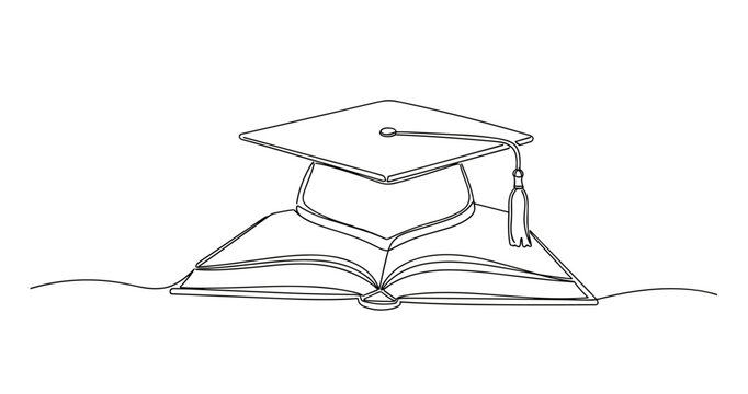 Minimalist graduation hat on open book line art illustration. no editable stroke