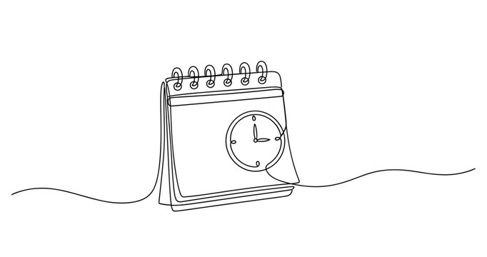 Minimalist line art of desk calendar with clock depiction. no editable stroke