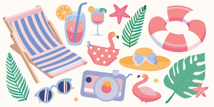 beach holiday accessories illustration with colorful items