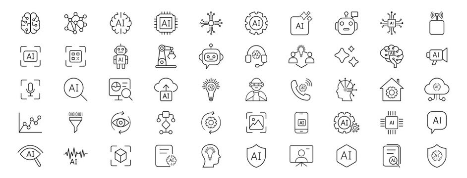 Set of 50 Artificial intelligence line icons with AI machine learning, chatbot, neural network and automation symbols. Future tech icon set for data processing, smart systems, web and app interfaces