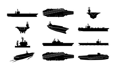 Military aircraft carrier silhouettes set, 12 naval warship vector icons, black navy vessel shapes for maritime defense and ocean combat graphics © Ayesha