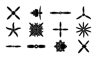 Vintage airplane propeller icons set, black aircraft airscrew silhouettes, 12 aviation engine fan vector elements for logo design and engineering graphics © Ayesha