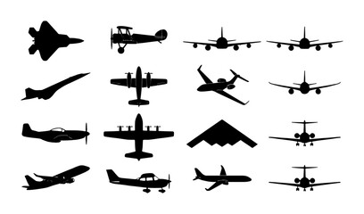 Airplane silhouette vector collection, 16 aircraft icons including fighter jets and passenger planes, black aviation symbols on white background © Ayesha