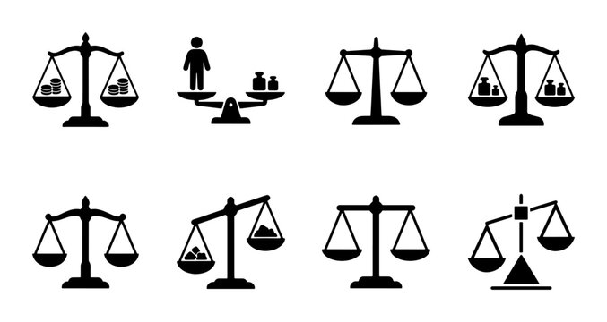 Justice scale icon set with 8 black vector silhouettes, legal balance symbols for law and court, financial weight and equality measurement graphics