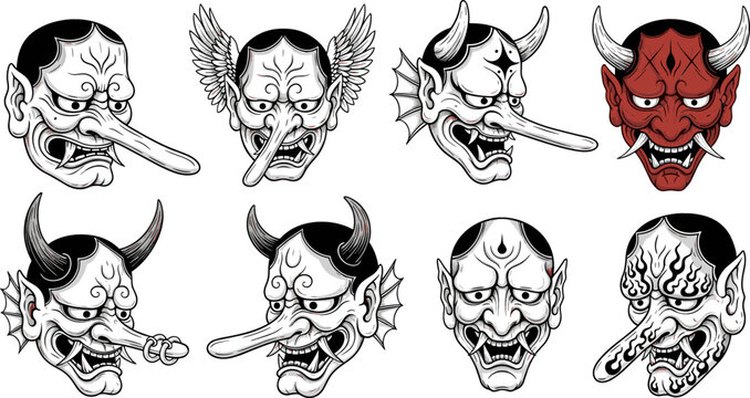 Japanese Yokai Demon Mask Illustration Set Featuring Traditional Oni and Tengu Mythical Faces in Detailed Line Art Style for Cultural Tattoo Design