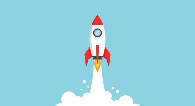 A vibrant red and white rocket ship blasting off into a clear blue sky with white cloud exhaust.