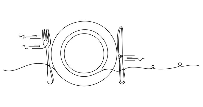 Continuous line art of empty plate with fork and knife on white background. None editable stroke