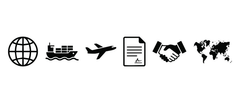 Global Logistics Shipping Icons Set for International Business and Trade Transportation, representing supply chain, cargo freight, document contract agreement, and worldwide connection strategy concep
