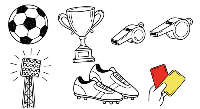 Collection of hand-drawn soccer sport icons including a ball, trophy, boots, whistles, spotlight, and red and yellow cards on white.
