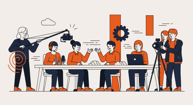 Cartoon vector illustration of bloggers on filming set interviewing each other, content creation and collaboration concept, camera and microphone as metaphor for storytelling and digital media interac