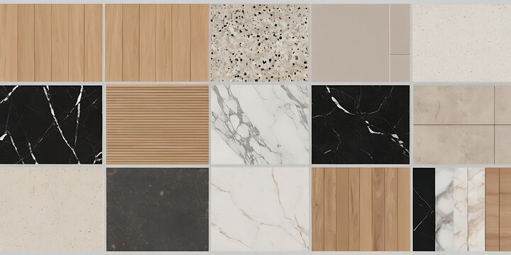 Collage of various marble, wood, and stone surface textures, squares of different