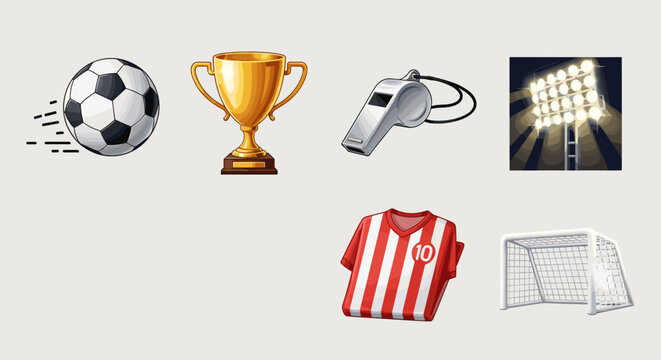 Soccer game elements are presented with a ball, trophy, whistle, stadium lights, jersey, and a goal net.