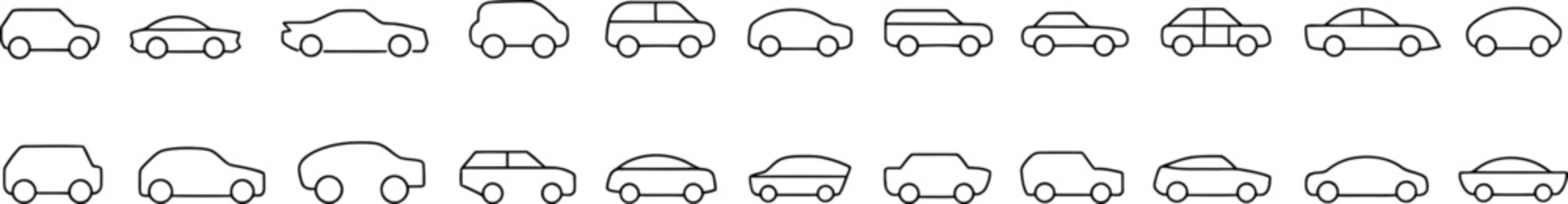 Car line icons including sedan, suv, electric vehicle, transport symbols for modern mobility and interface design