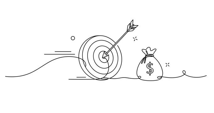 Bullseye with arrow and money bag symbolizing financial success. None editable stroke