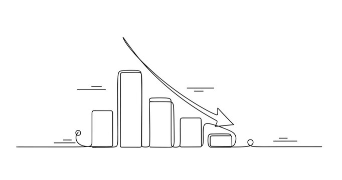 Linear drawing of decreasing bar graph with downward arrow signifying decline. None editable stroke