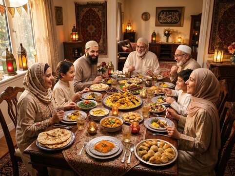 Multigenerational muslim family sharing iftar feast for ramadan celebration and dining background