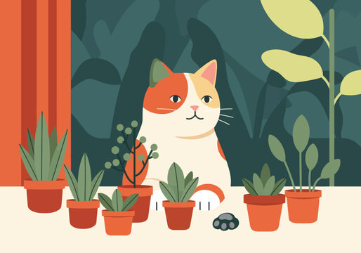 Illustration Of A Cat Planting Herbs In A Small Pot, Sustainable Lifestyle Vector Design Template