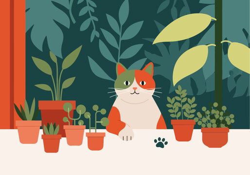 Illustration Of A Cat Planting Herbs In A Small Pot, Sustainable Lifestyle Vector Design Template