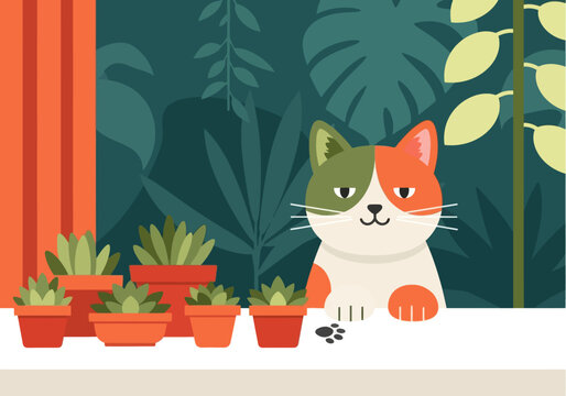 Illustration Of A Cat Planting Herbs In A Small Pot, Sustainable Lifestyle Vector Design Template