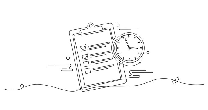 Line art of clipboard checklist and clock illustrating time management. None editable stroke