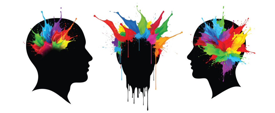 Creative Mind Explosion Silhouette Set, Colorful Paint Splash Brain Concept, Psychology Creativity Vector Collection