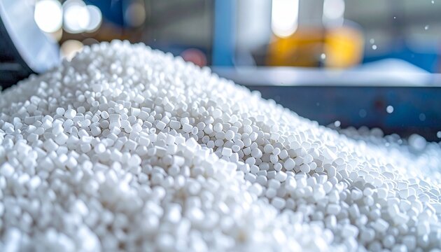 A large pile of small white plastic pellets spills from a container in an industrial setting with machinery in the background.