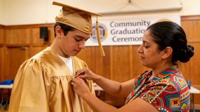 Pinning Hispanic woman fastening teen graduate gold gown before ceremony at local hall, with banner