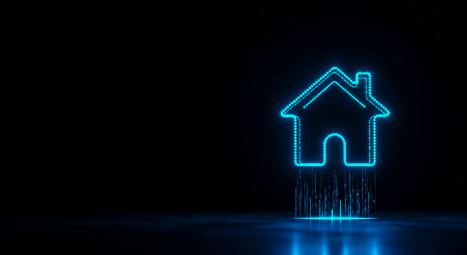 Illuminated neon house symbol representing smart homes, real estate, or digital security, surrounded by binary code streams in a cyber-themed setting.