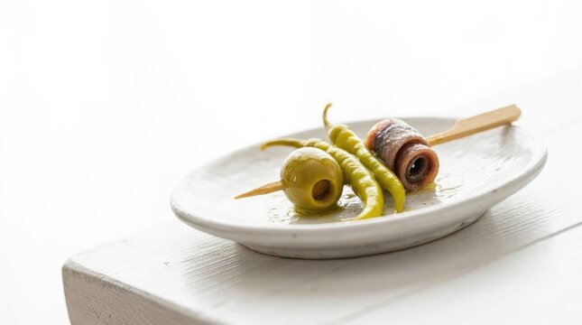 Gourmet olive and anchovy skewer with peppers on a rustic plate