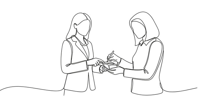 Two women engaged in transaction signing document line art. No editable stroke