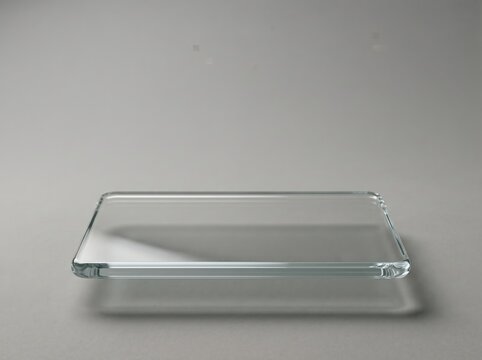 Rectangular clear glass panel floating with soft shadow and subtle reflection on neutral background for product display and composition