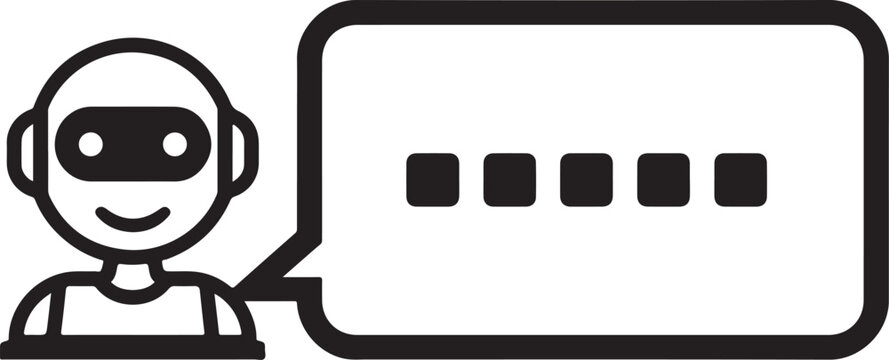 Minimalist AI chatbot icon with speech bubble, black and white robot avatar vector, artificial intelligence chat interface symbol for customer support