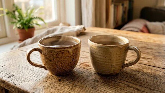 Two ceramic cups on a wooden table in warm light, earthy textures and quiet stillness creating a cozy tabletop scene, intimate homely atmosphere with golden illumination, ultra-realistic, no logos.