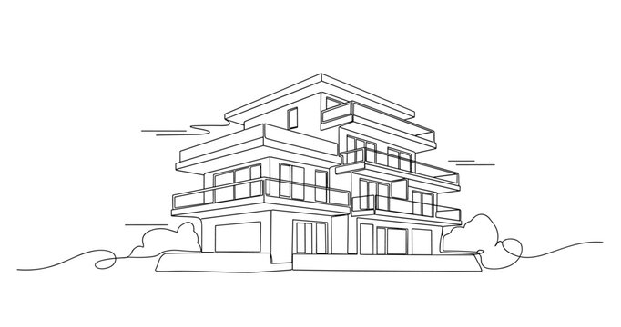 Modern multi level villa rendered in single line illustration. No editable stroke