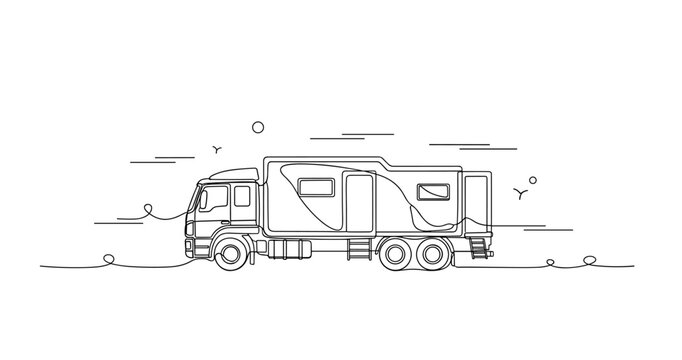 Recreational vehicle parked on flat road in line drawing. No editable stroke
