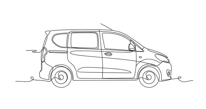 Compact minivan parked profile on simple road outline. No editable stroke
