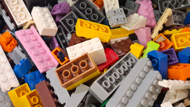 Abundant collection of authentic Lego building blocks and interlocking plastic bricks on April 20, 2026 in Bangkok, Thailand