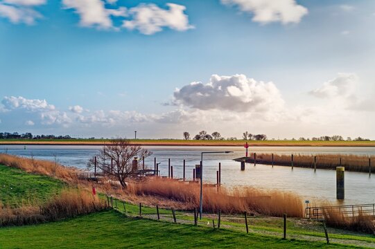The confluence of the Ems-SeitenKanal and the river Ems, East Frisia, Lower Saxony, Germany