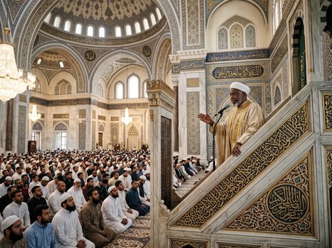 Imam delivering a sermon in an ornate mosque interior to a large congregation for religious ceremony and cultural background