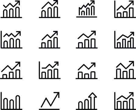 Growth line icons including upward chart, profit rise, analytics, development symbols for modern interface and dashboard design