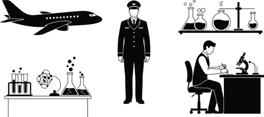 Professional silhouette set featuring airplane pilot laboratory equipment and scientist working illustrating aviation science research and technical careers concept © Md. Mostafizar