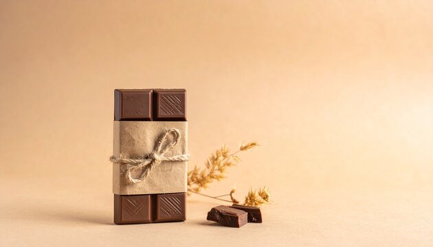 Minimalist chocolate bar with kraft paper packaging on neutral background