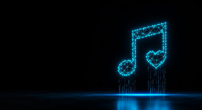 Glowing blue neon music note and heart icon on a dark stage with light reflections, symbolizing love for music and live performances.