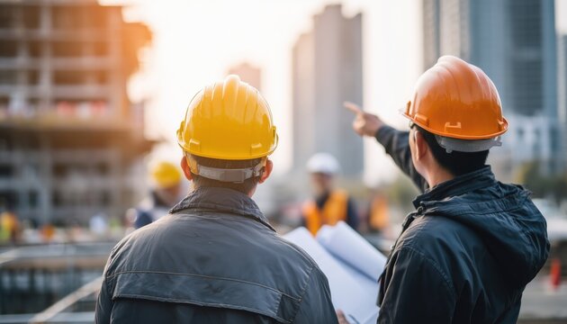 Asian Industry Professionals Collaborating In Team Meeting With Hardhats On Construction Site In Modern City. Civil Engineer Foreman Leading Teamwork Project.