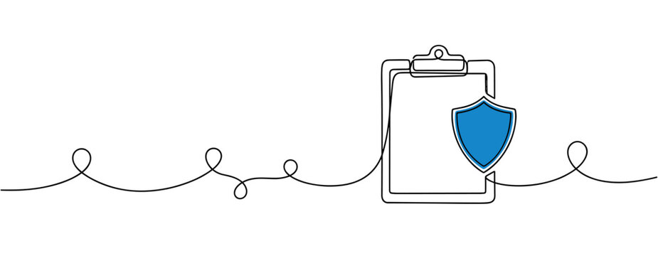 Clipboard with shield indicating secure data on continuous line. no editable strokes